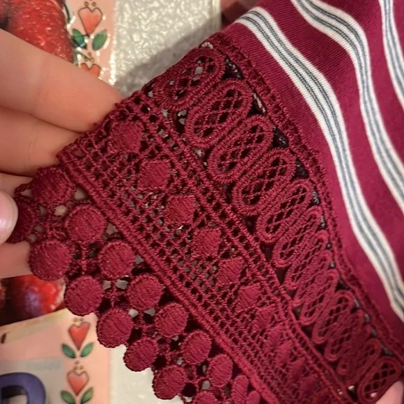 St. John's Bay cherry white navy blue stripes and asymmetrical lace pattern - Picture 2 of 4